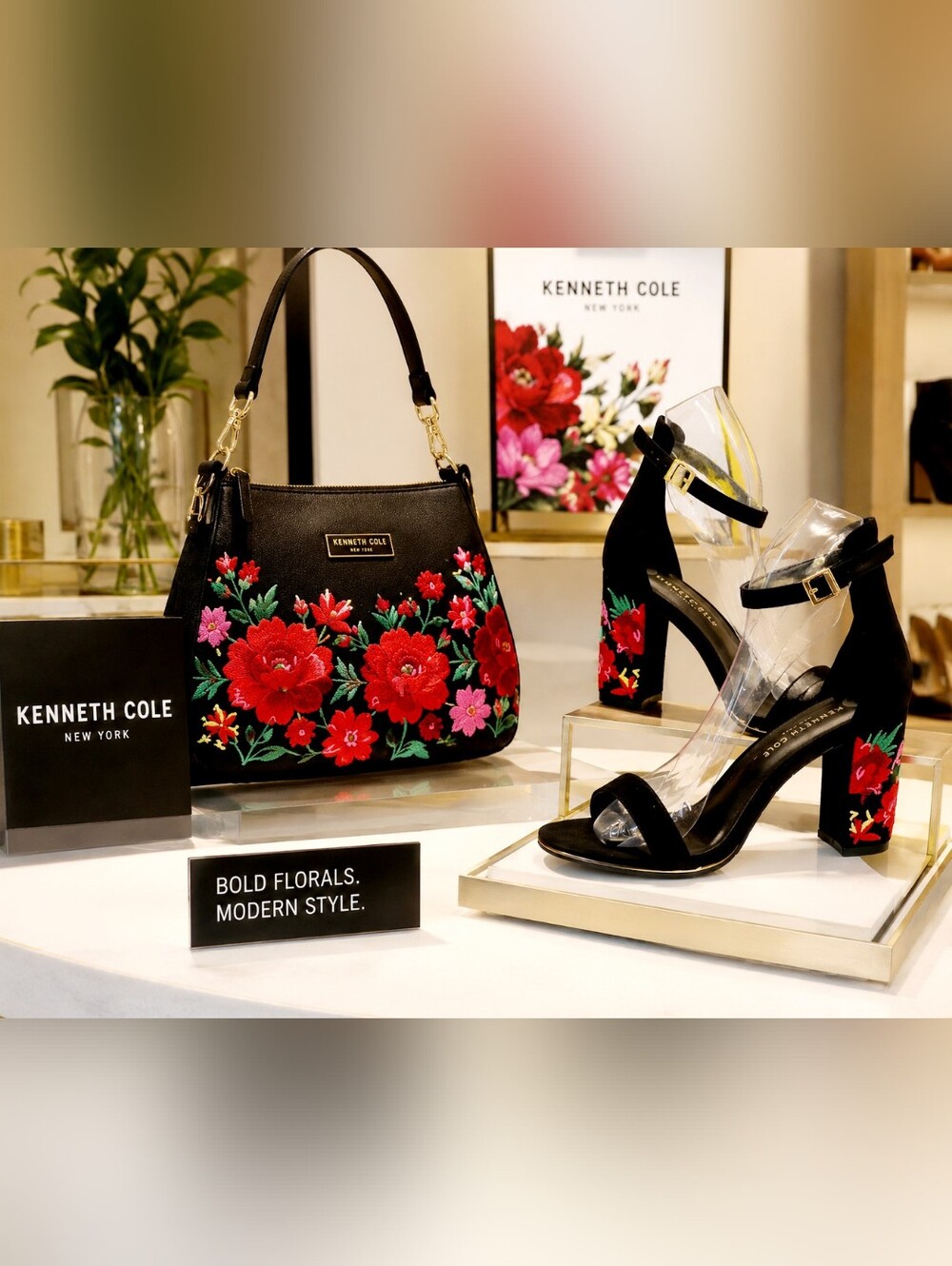 Kenneth Cole Block Heel Sandals with Red Floral Embroidery